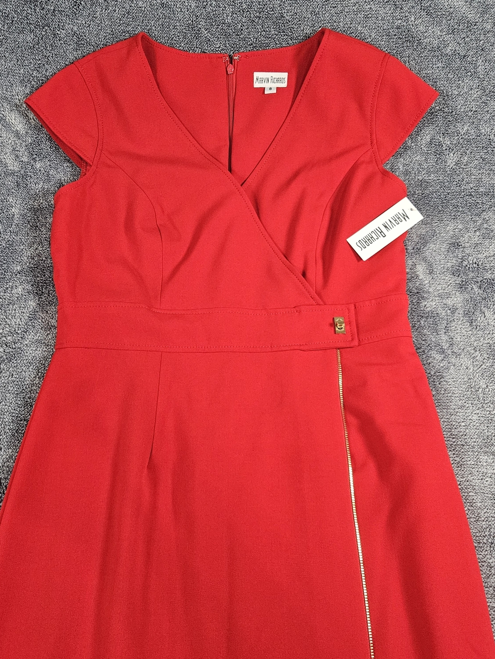 Vintage Marvin Richards Red Cap-Sleeve Faux Wrap Dress Gold Zip Accent Size 8